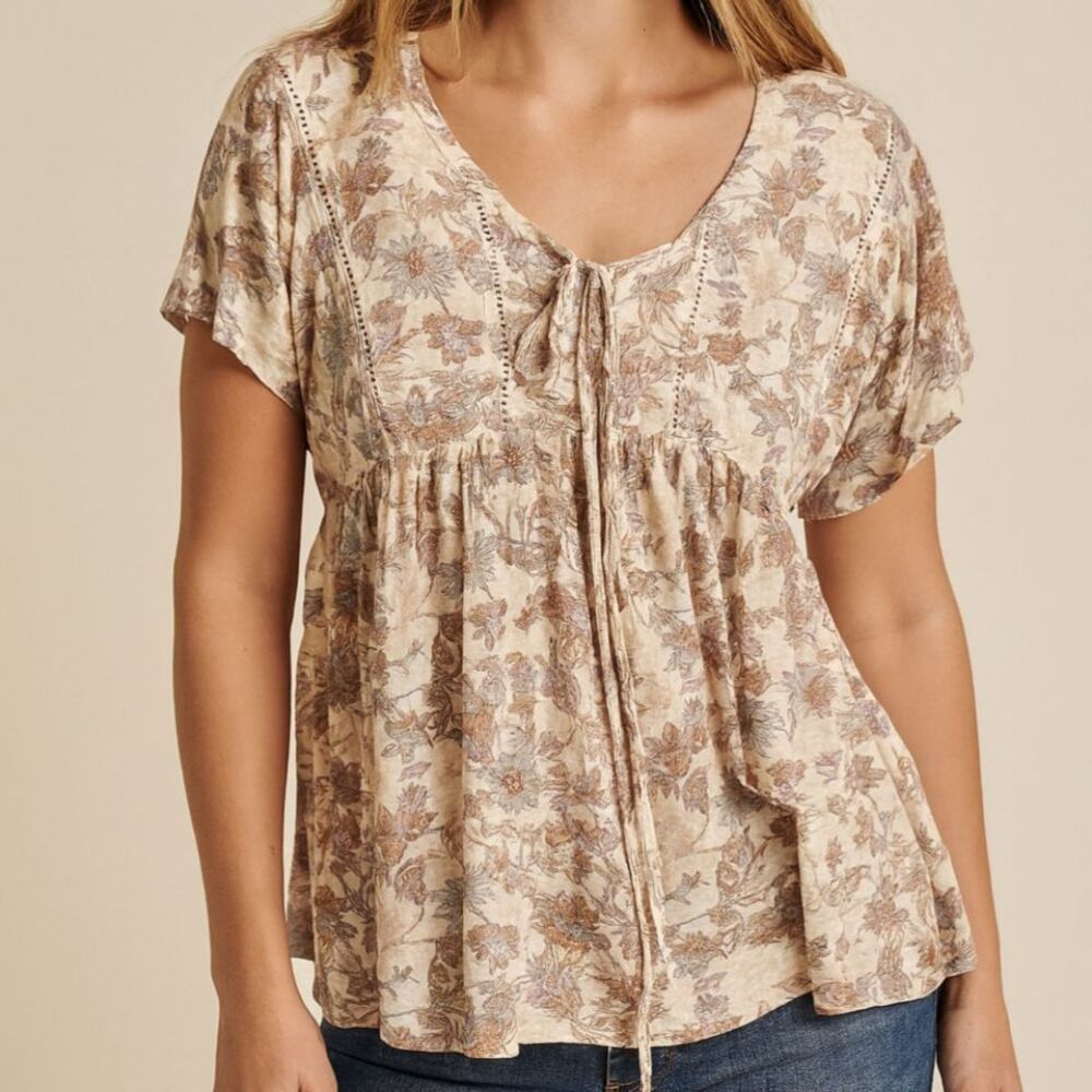 Lucky Brand Linen Blend Floral Boho Peasant Top Size Small